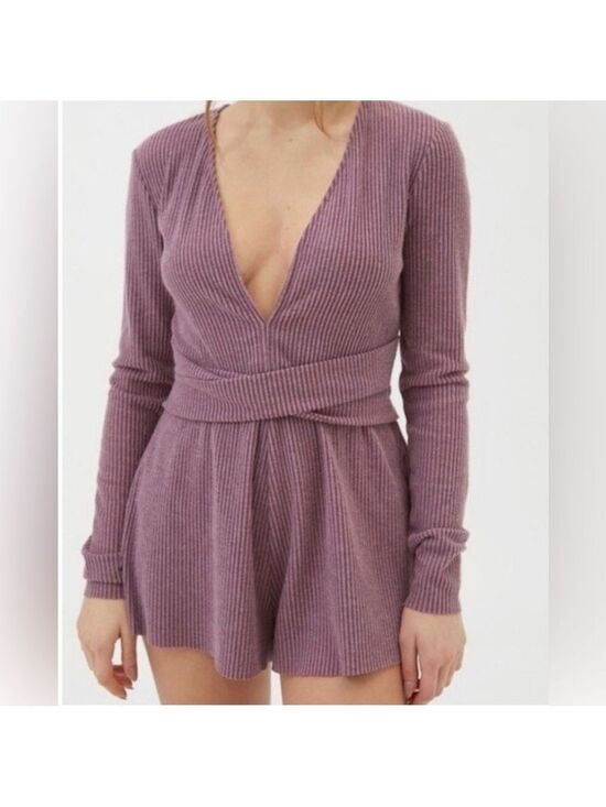 Urban Outfitters Pants - Urban Outfitters cotton Purple Ribbed Long Sleeve belted Romper nwt small